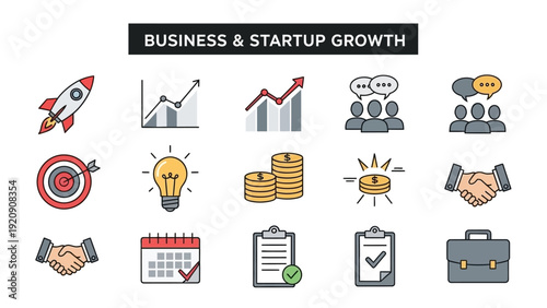 Collection of flat design startup growth icons representing finance, strategy, achievement, collaboration, and successful business development goals.