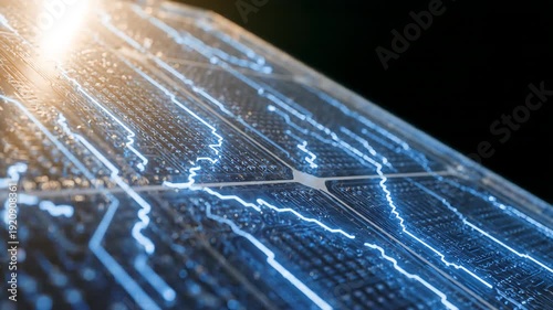 Transparent Solar Panel Absorbing Golden Sunlight Pulsing Glowing Energy Currents Hyper Detailed Texture Renewable Energy Technology.