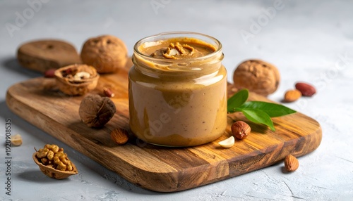 Jar of nutty spread on a wooden board with surrounding nuts