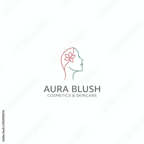 Minimalist logo design featuring a profile silhouette with flower, text beneath states cosmetics and skincare