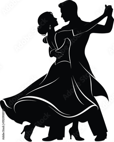 Classic ballroom dancing couple silhouette in elegant waltz pose for wedding and formal event design
