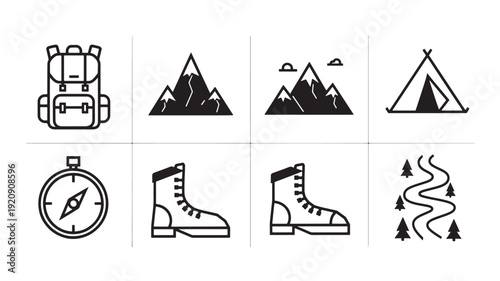 A collection of black and white vector icons featuring hiking and camping elements like backpack, mountains, tent, compass, boots, and path, perfect for outdoor and adventure themes.