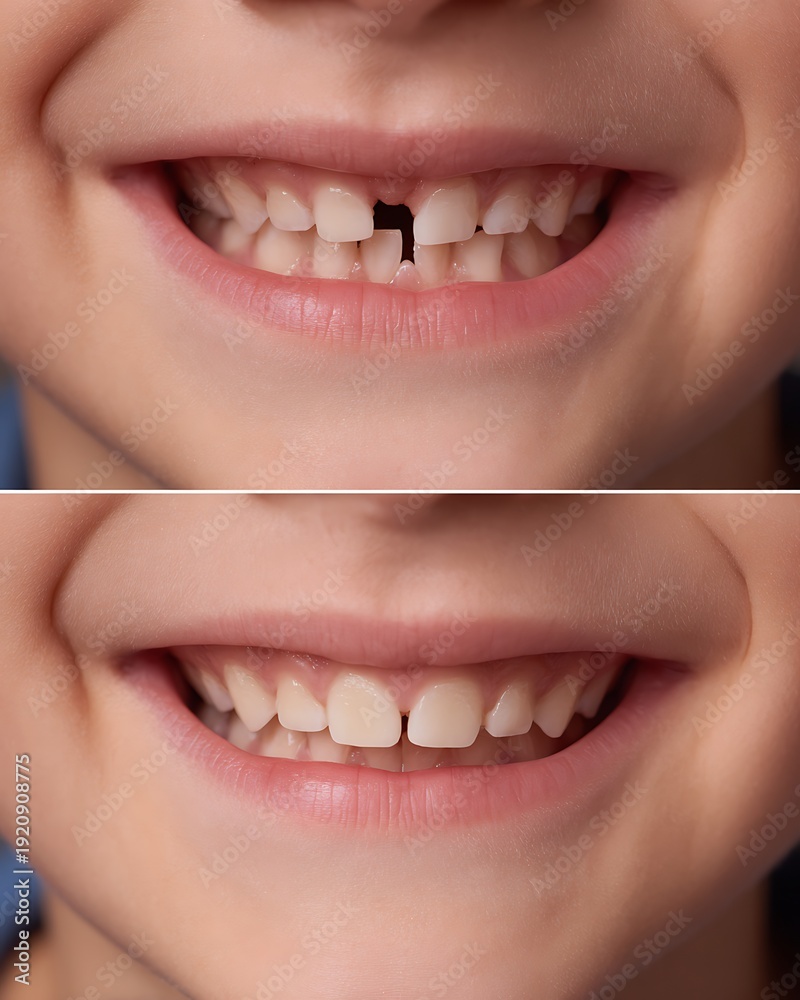 Fototapeta premium close-up child mouth only, before-after split, before noticeable gap between front teeth, after smaller gap