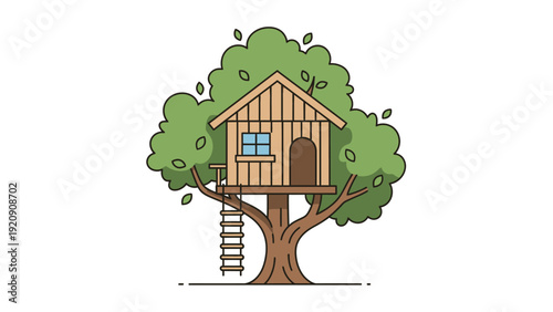 Treehouse with Ladder and Green Foliage.