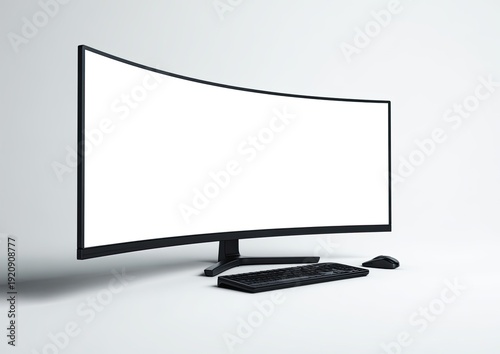 A curved, blank computer monitor sits on a white surface with keyboard and mouse