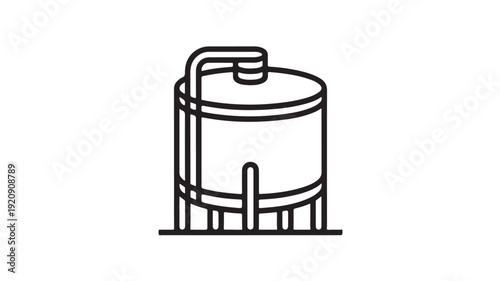 Industrial Water Tank in Simple Line Art Style with Black Color on White Background for Technical Illustration