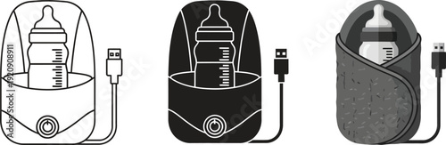 Set of baby bottle warmer icons USB powered portable warmer for travel flat and line art illustrations for baby care