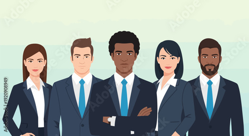 Diverse Multicultural Business Team Illustration. Group of Corporate Professionals in Suits, symbolizing Partnership, Leadership, and Success.