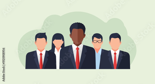 Diverse Business Team Standing Together. Multicultural Corporate Leadership and Executive Staff Group. Teamwork and Unity Flat Illustration.