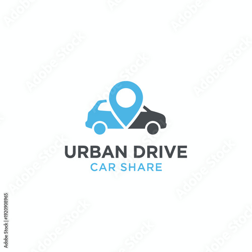 A car-sharing logo featuring vehicle silhouettes, location pin, and text on a white background