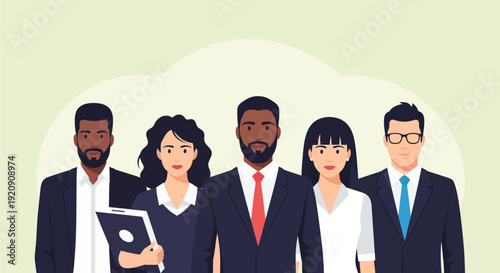 Diverse Business Team Vector Illustration. Multi-ethnic group of corporate professionals standing together, representing unity, collaboration, and success.