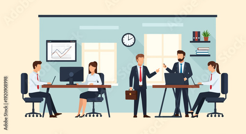 Business Team Working in Modern Office. Corporate Collaboration, Meeting, and Financial Data Analysis. Flat Vector Illustration.