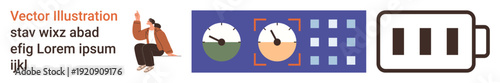 Energy tracking, productivity assessment, task monitoring, efficiency enhancement, performance management, data visualization. Person sitting beside icons energy levels and a battery. Energy tracking