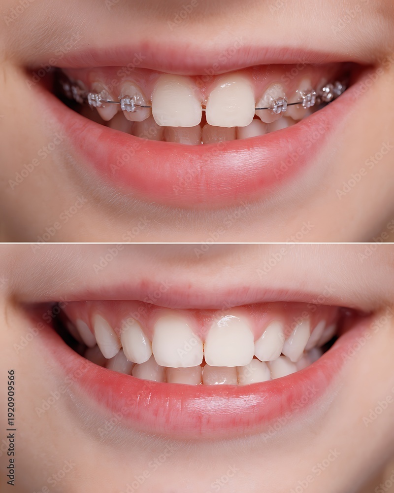 Naklejka premium close-up child mouth only, before-after split, subtle orthodontic progress, small metal braces visible but generic , before more crowded teeth, after slightly improved alignment