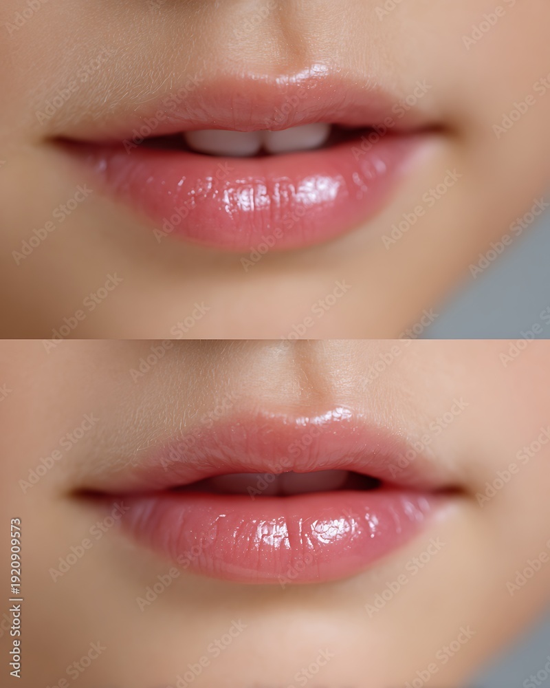 Naklejka premium close-up child mouth only, split before and after, premium clean clinic aesthetic, soft bright lighting, gentle highlights
