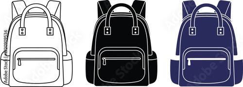 Collection of three backpack icons in outline black and blue representing travel and everyday carry perfect for web design and app interfaces