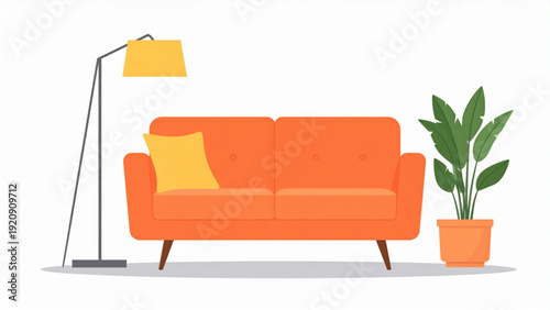 Bright Orange Sofa with Yellow Cushion, Floor Lamp and Potted Plant – Modern Cozy Living Room Flat Vector Illustration