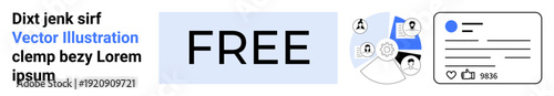Digital marketing, social networking, content sharing, online branding, creative advertising, user interaction. FREE text with profile icons and social media interface. Digital marketing and social