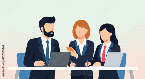 Professional Business Team Meeting. Three Corporate Colleagues Collaborating at Desk with Laptops. Modern Vector Illustration.