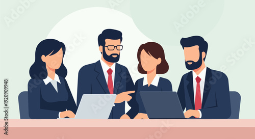 Professional Business Team Collaboration Meeting. Four Corporate Colleagues Working Together with Laptops. Vector Illustration.
