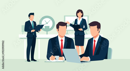Corporate Business Team Collaboration: Professional Colleagues Discussing Strategy in Modern Office Meeting. Flat Vector Illustration.
