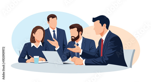 Vector illustration of a professional business team meeting, collaborating and discussing corporate strategy with a laptop.