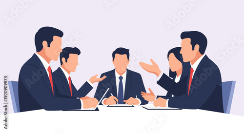 Corporate Business Meeting Vector Illustration. Team Discussion, Negotiation, and Agreement Signing in Boardroom Setting.
