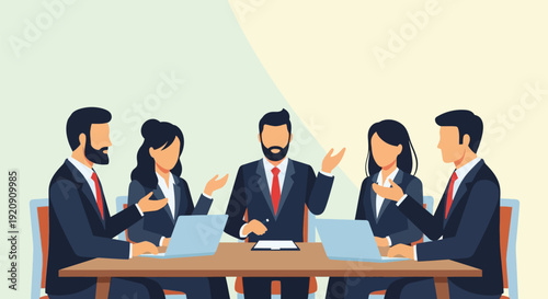 Corporate Business Meeting Illustration: Teamwork, Strategy, and Collaboration Session with Executives