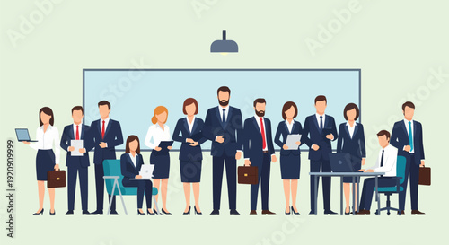 Diverse Corporate Business Team Group Standing in Meeting Room. Professional Staff, Executives, and Managers Presentation Concept Vector Illustration.