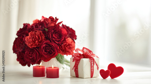 Red Roses Bouquet with Candles and Gift on Table