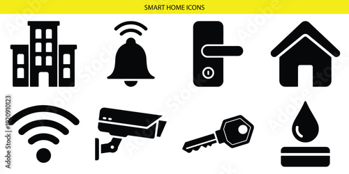 Icons representing various smart home security and connectivity features