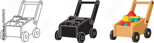 Set of baby walker toys with building blocks line art silhouette and full color illustration for childrens products and concepts