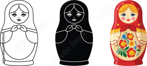 Set of three Matryoshka dolls including a line art silhouette and colorful traditional Russian nesting doll isolated on white background