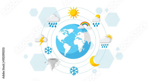 World Meteorological Day Global Weather and Climate Forecasting Earth surrounded by diverse meteorological icons symbolizing environmental conditions, atmospheric phenomena, and seasonal changes