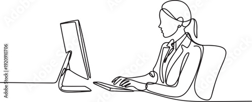 Continuous One Line art Business woman working on computer illustration of a single line drawing