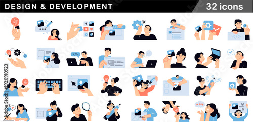 Design and Development Flat Icon Set 32 Character Driven Icons with Creative Professionals, UI Tools and Collaborative Workflow Illustrations