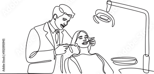 Single continuous line drawing of young happy male dentist examining girl patient condition at dental clinic. Medical health care service workers concept illustration of a single line drawing