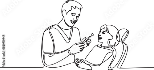 Single continuous line drawing of young happy male dentist examining girl patient condition at dental clinic. Medical health care service workers concept illustration of a single line drawing