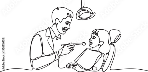 Single continuous line drawing of young happy male dentist examining girl patient condition at dental clinic. Medical health care service workers concept illustration of a single line drawing