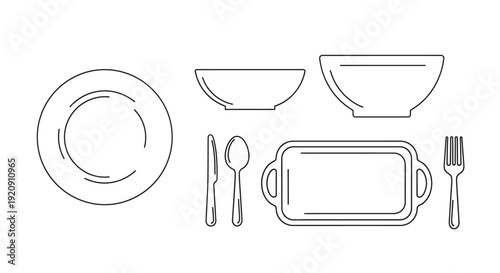 Simple Line Drawing of Dinnerware and Cutlery.