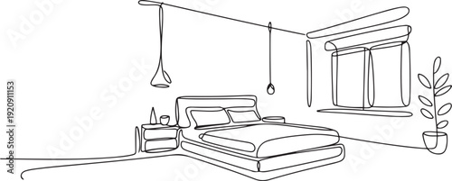 continuous line drawing of bedroom.one line drawing of modern bedroom interior illustration of a single line drawing