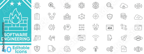 Software Engineering icon set. including coding, programming tools, electronic, computer, health, cloud computing and more. Vector and illustrator set.