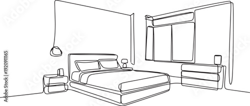 continuous line drawing of bedroom.one line drawing of modern bedroom interior illustration of a single line drawing