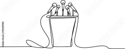 Podium with Microphones in Single-Line Art, Press conference microphone setup in one continuous line art style, Press Conference Microphones illustration of a single line drawing