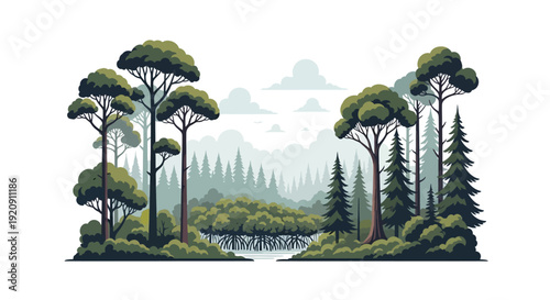 Illustration of a serene forest view with lush greenery and trees for International Day of Forest, featuring expanses of jungle and flora and fauna against a clean white background.