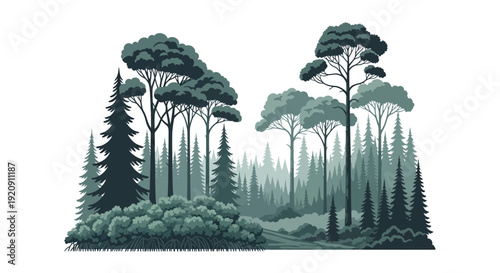 Vector illustration of a forest view with expanses of jungle, featuring flora and fauna, trees, and lush vegetation on International Day of Forest, symbolizing the lungs of the world.