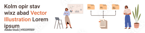Data analysis, teamwork, business workflows, document organization, report presentation, project management. Two professionals, charts documents and connections. Business workflows and data
