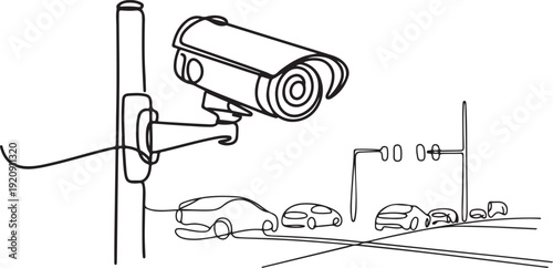 Single continuous line drawing of CCTV to monitor traffic movements and improve security systems illustration of a single line drawing