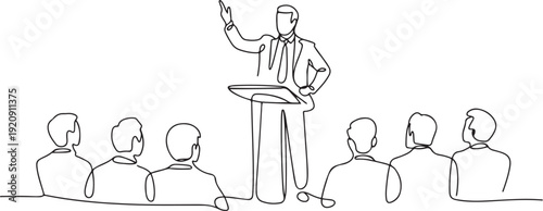continuous line business seminar.single line vector seminar with motivator.motivator public speaking illustration of a single line drawing