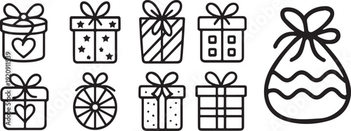 Creative Festive Gift Box & Bag Line Art Bundle | Black & White Vector icon Illustrations